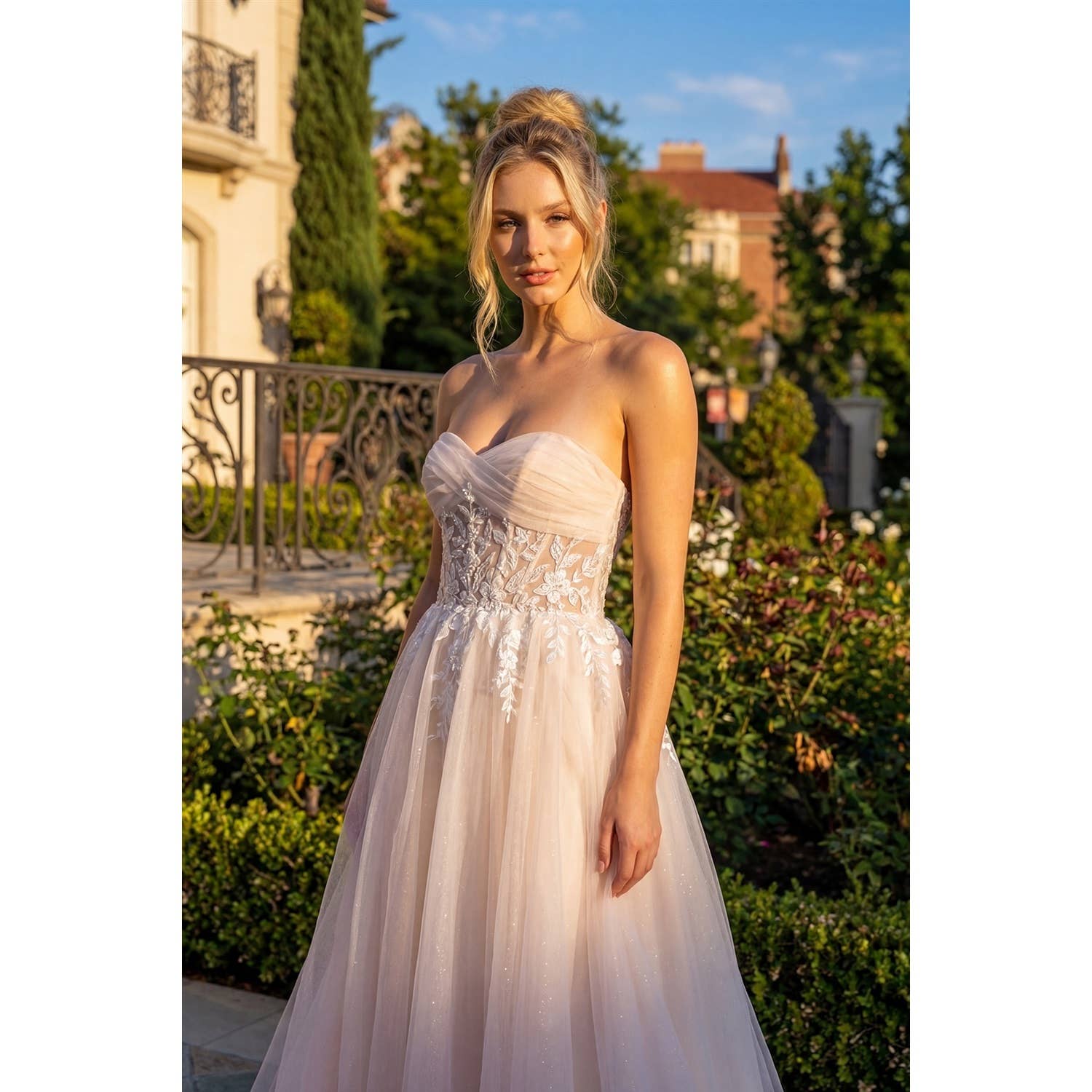 MESH STRAPLESS GOWN WITH SHEER EMBROIDERED LACE WAIST