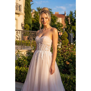 MESH STRAPLESS GOWN WITH SHEER EMBROIDERED LACE WAIST