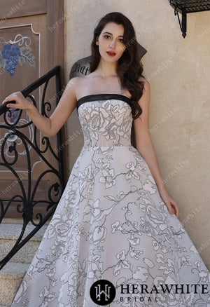 Strapless Black & Ivory Line-Art Floral Organza Bridal Gown With Back Detachable Bow HW3820
