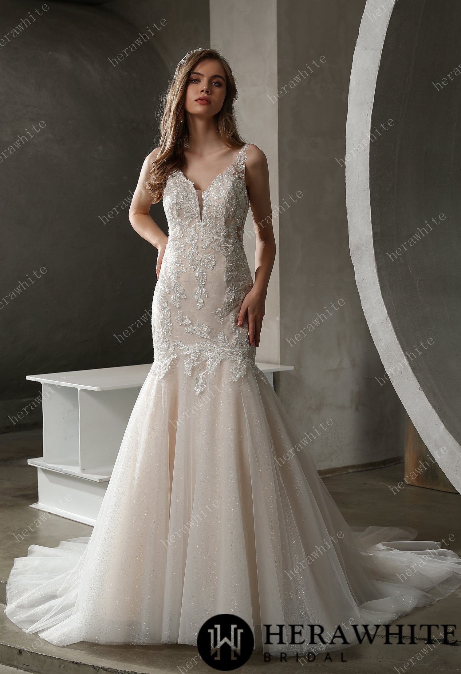 Plunging V-neck Mermaid Wedding Dress with Illusion Square Back