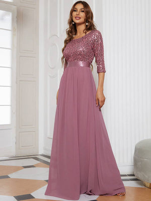 Elegant Round Neckline Sequins Patchwork Dress: 26 / Burgundy