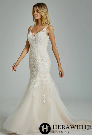 Gorgeous Appliques  V Neck Fit& Flare Wedding Gown
