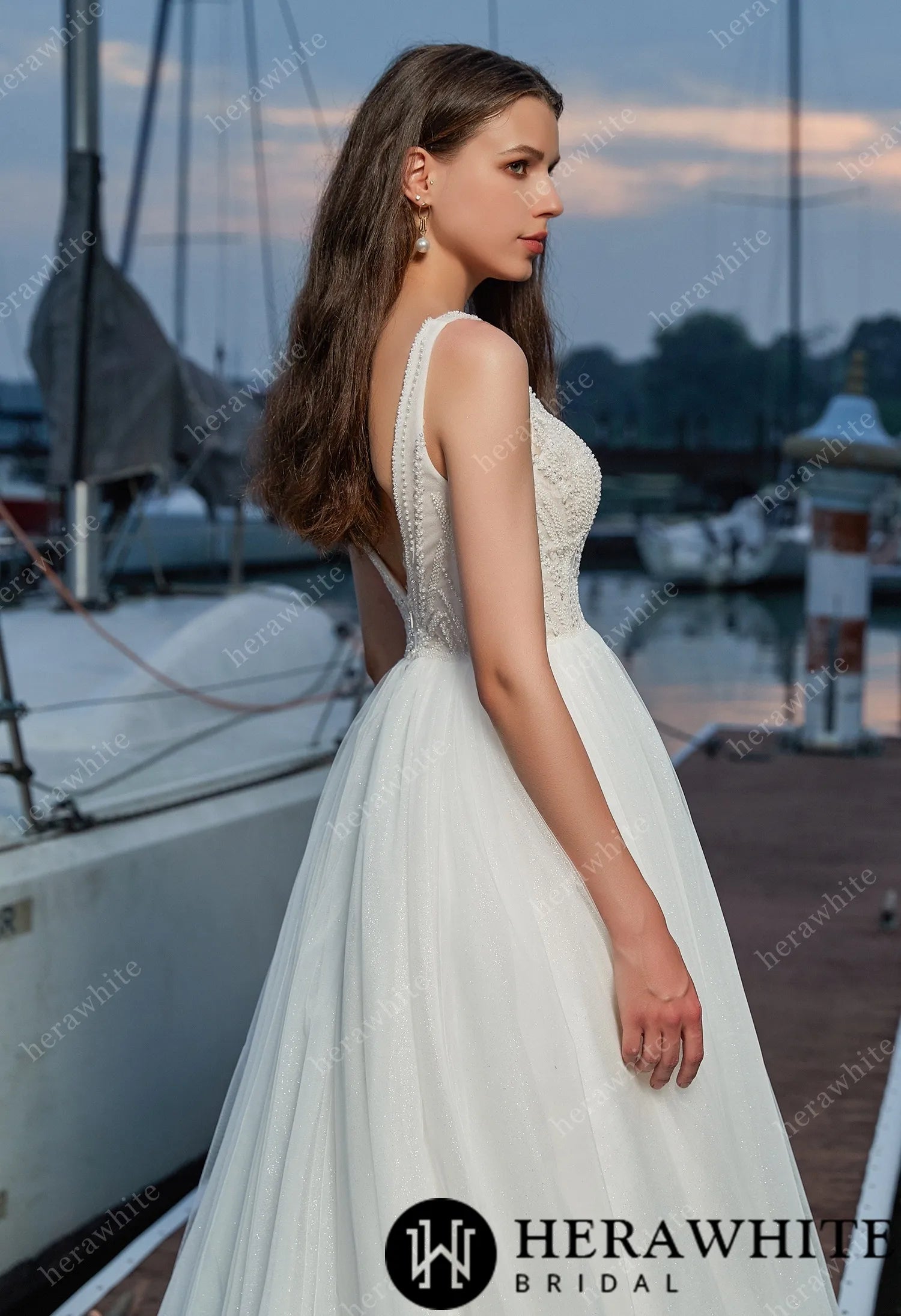 Modern Sparkly Glitter Tulle A-line Wedding Dress with V-neckline Forever & Always Modern Sparkly Glitter Tulle A-line Wedding Dress with V-neckline Forever & Always