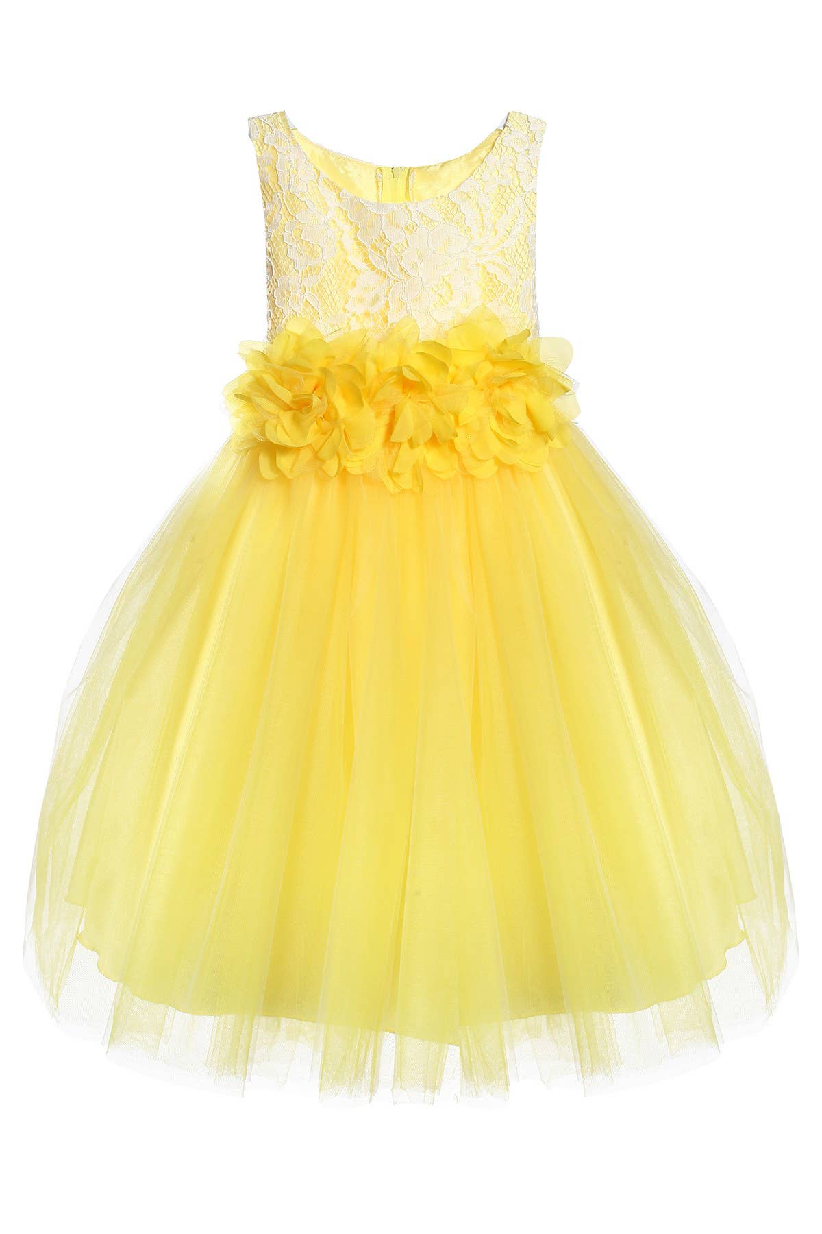 Lace Illusion Girls Dress With/Without 3 Mesh Flowers: Yes / Yellow / 8