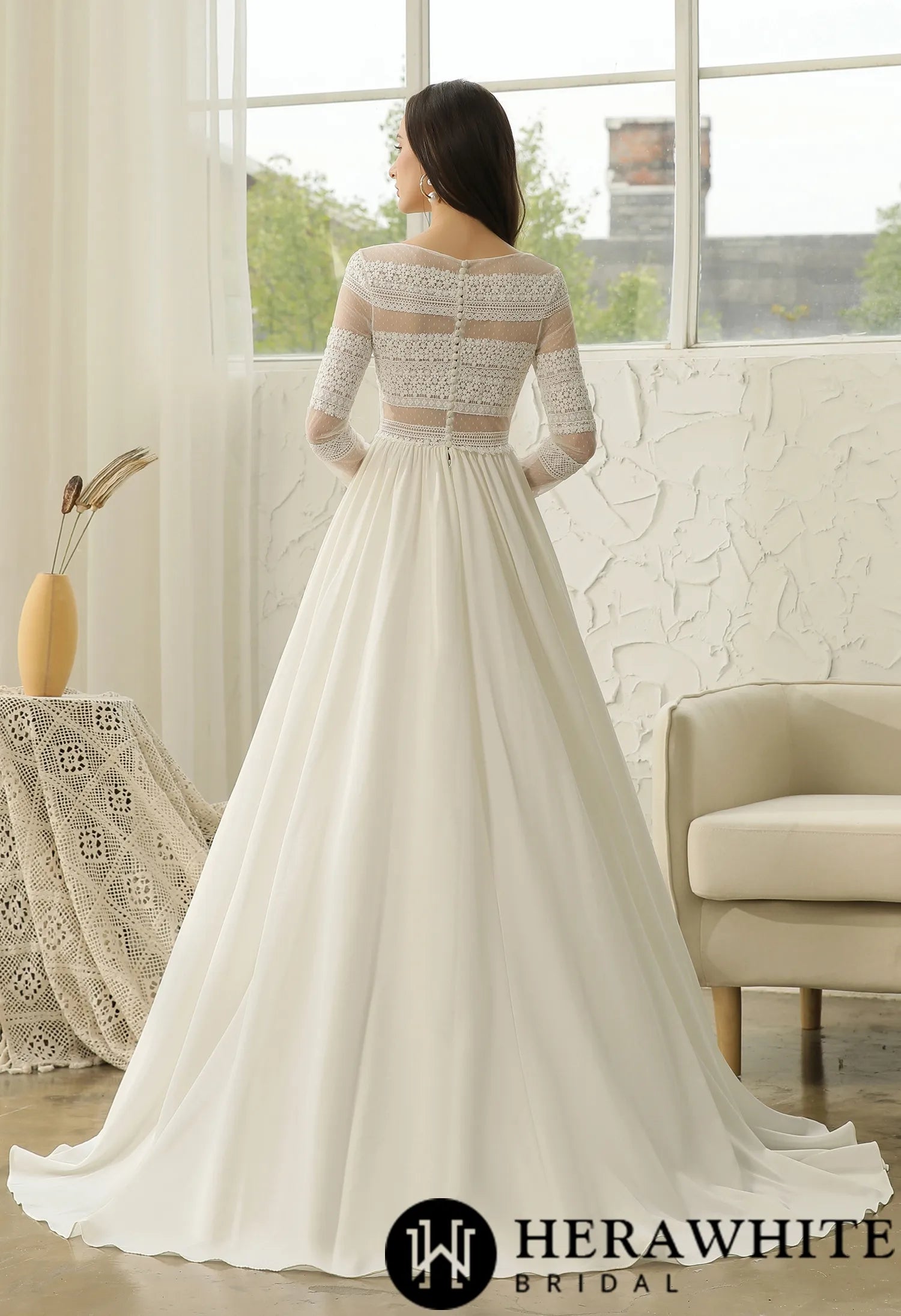 Long Sleeve Lace  A-line Boho Wedding Dress