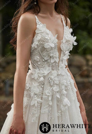 Sexy Beaded Spaghetti Strap Wedding Dress with 3D Flowers