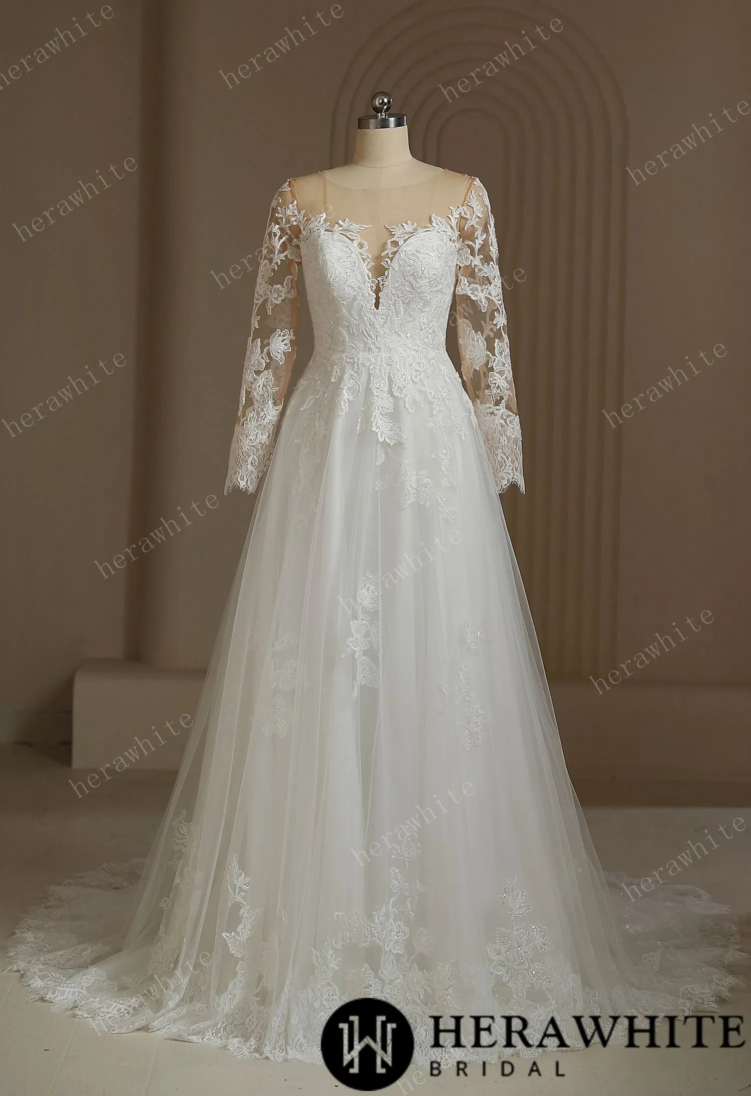 Romantic Sweetheart Long Sleeve Illusion Back Wedding Dress