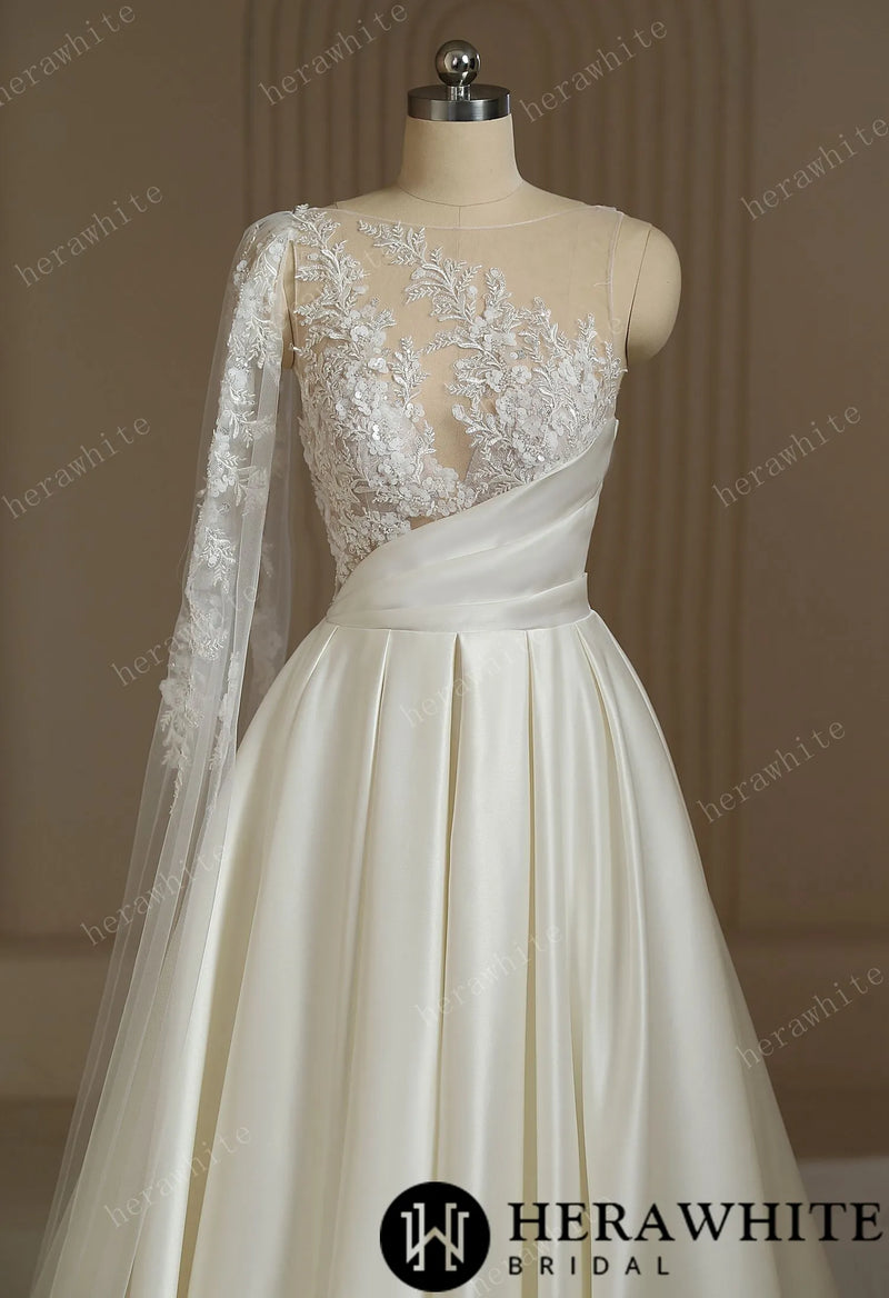 One Shoulder A-line Wedding Dress With Beading Lace