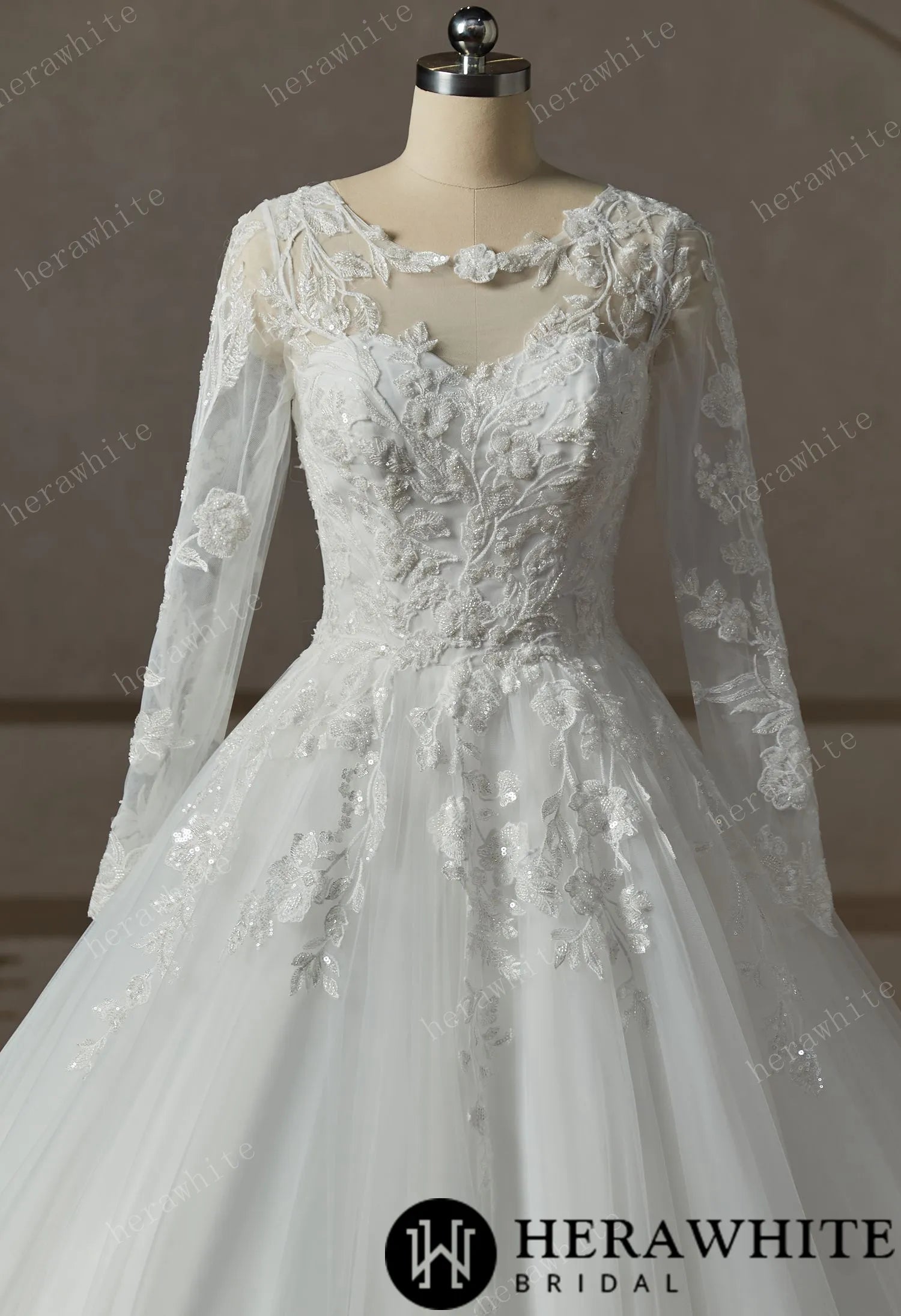 Modest Beaded Lace With Long Illusion Sleeves Ball Gown Wedding Dress