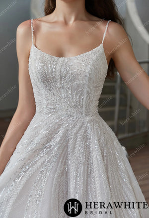 Sparkle Scoop Neckline Wedding Gown with Spaghetti Straps