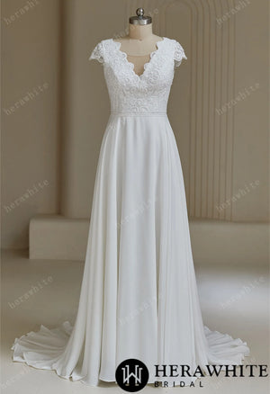 V neckline Wedding Dress with Chiffon Skirt