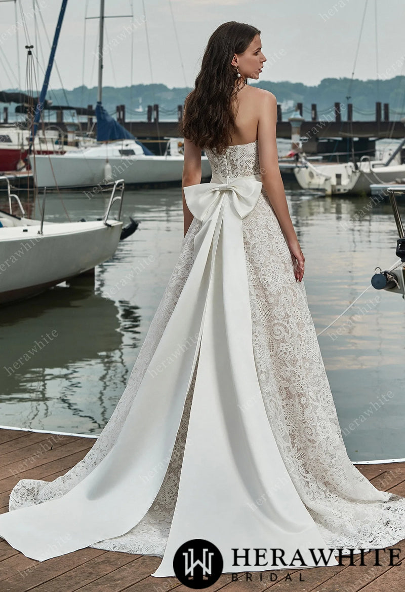 Strapless Lace Wedding Dress with Belt and Detachable Bow – Forever & Always