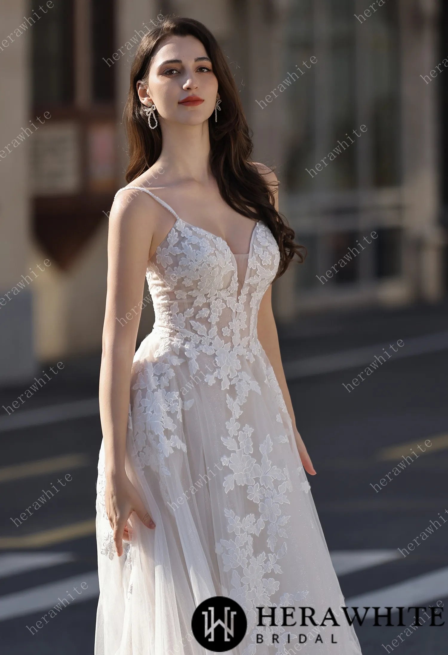 Spaghetti Strap Bridal Gown With Dramatic Lace Train HW3823