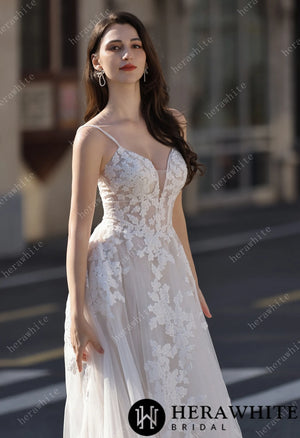 Spaghetti Strap Bridal Gown With Dramatic Lace Train HW3823
