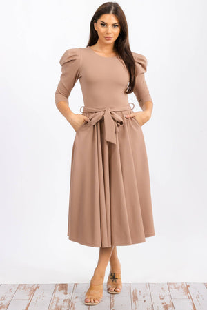 HH698R-LS-S- Puff 3/4 Sleeve Midi Cocktail Dress