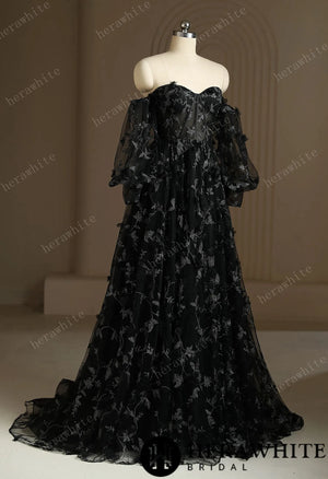 Luxury 3D Lace Appliqué Embroidery Detachable Sleeve Black Wedding Dress