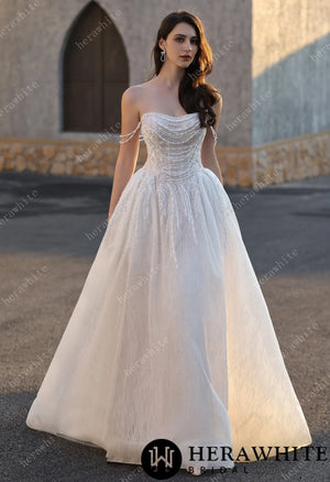 Strapless Ballgown Wedding Dress with Beaded Chain Shoulder Accent HW3807