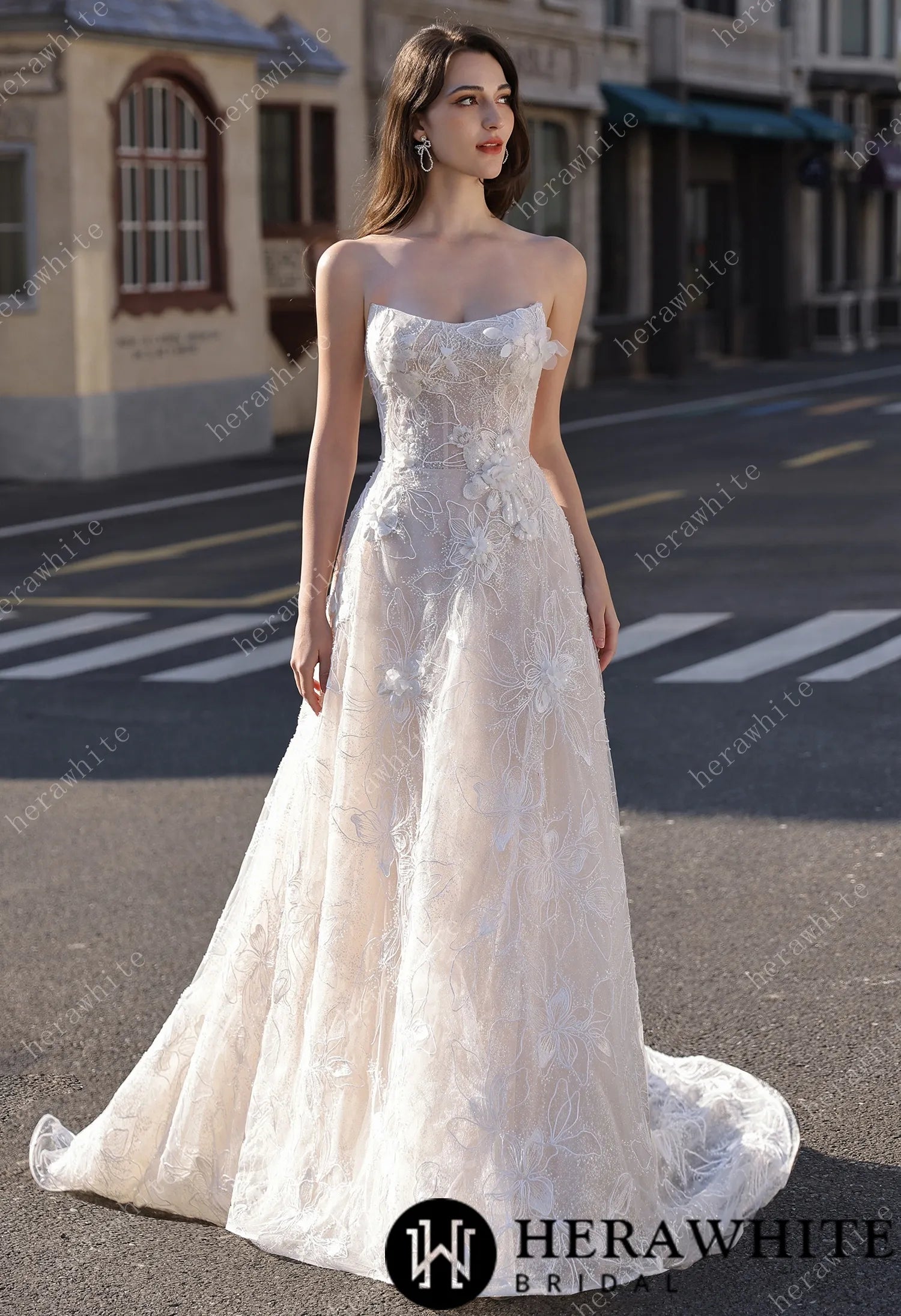 Strapless Sparkle Lace Bridal Gown with 3D Flowers HW3812