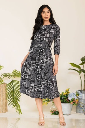 HH583R-NEWSPAPER - Self Tie Midi Dress