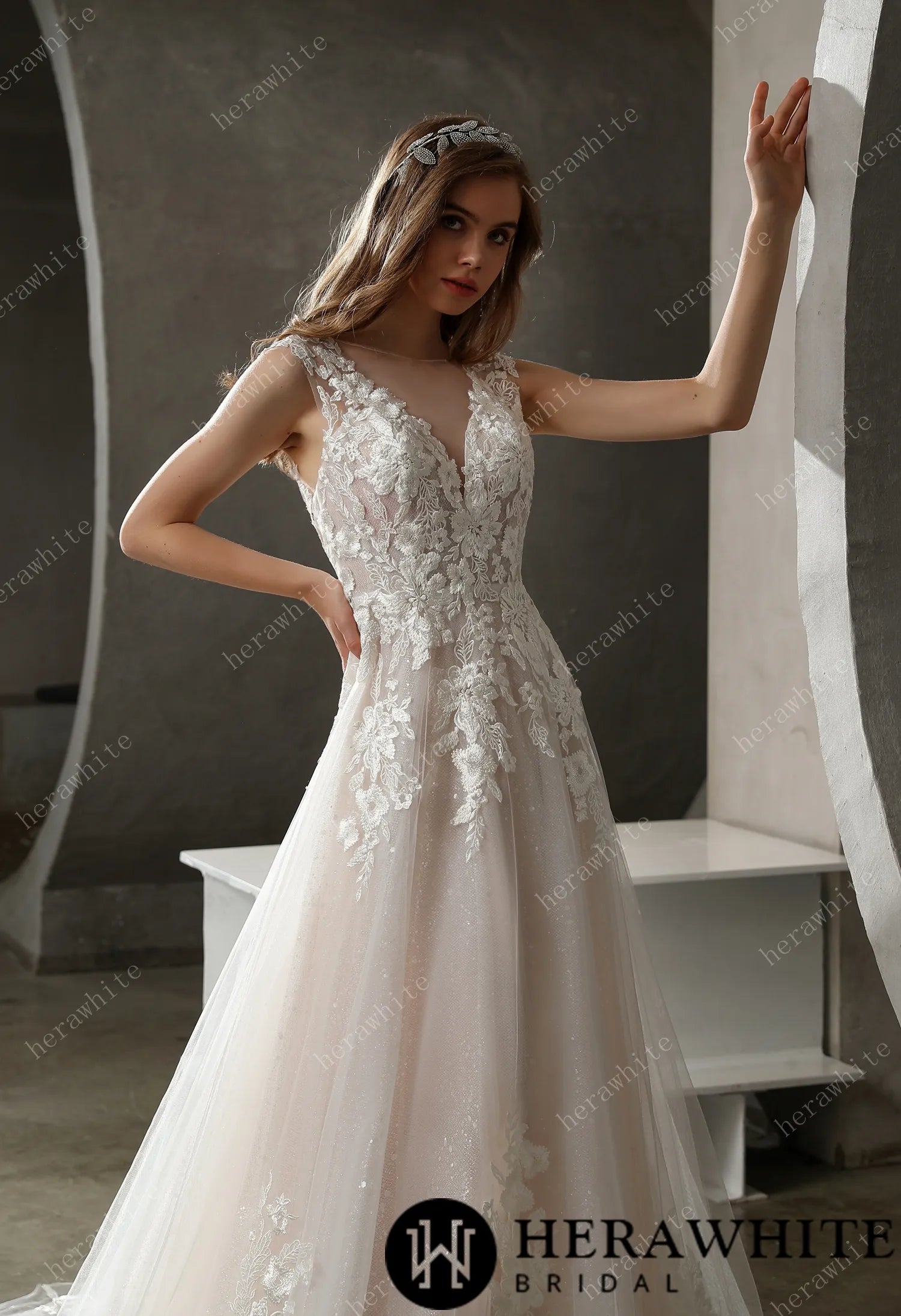 Sparkly Tulle and Lace A-Line Bridal Gown with Bateau Neckline