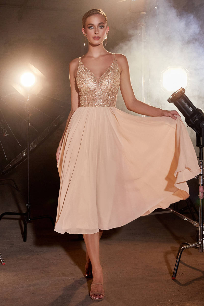 CHIFFON TEA LENGTH DRESS