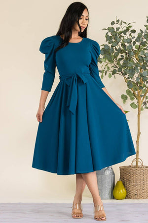 HH698R-LS-S- Puff 3/4 Sleeve Midi Cocktail Dress