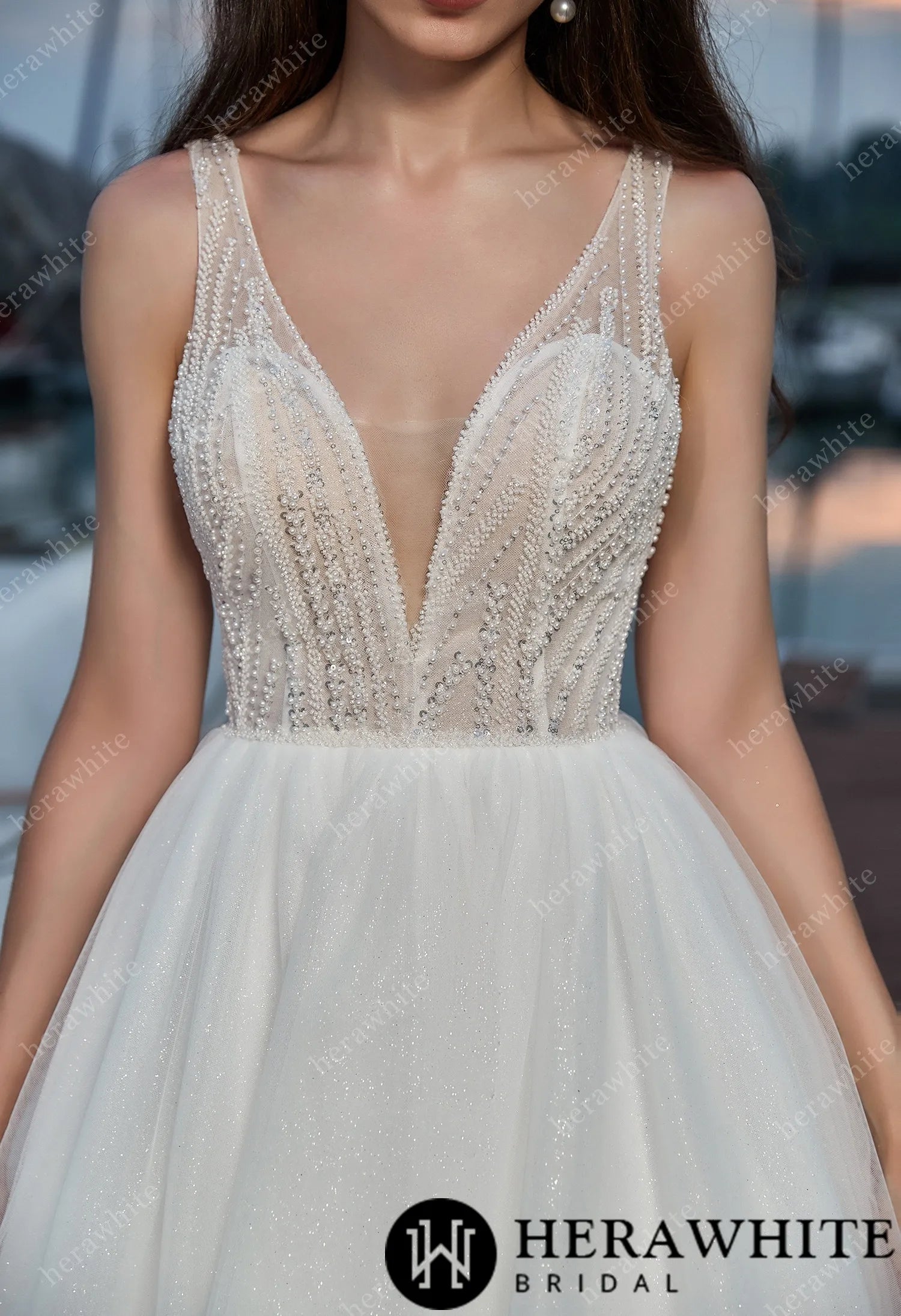 Modern Sparkly Glitter Tulle A-line Wedding Dress with V-neckline Forever & Always Modern Sparkly Glitter Tulle A-line Wedding Dress with V-neckline Forever & Always