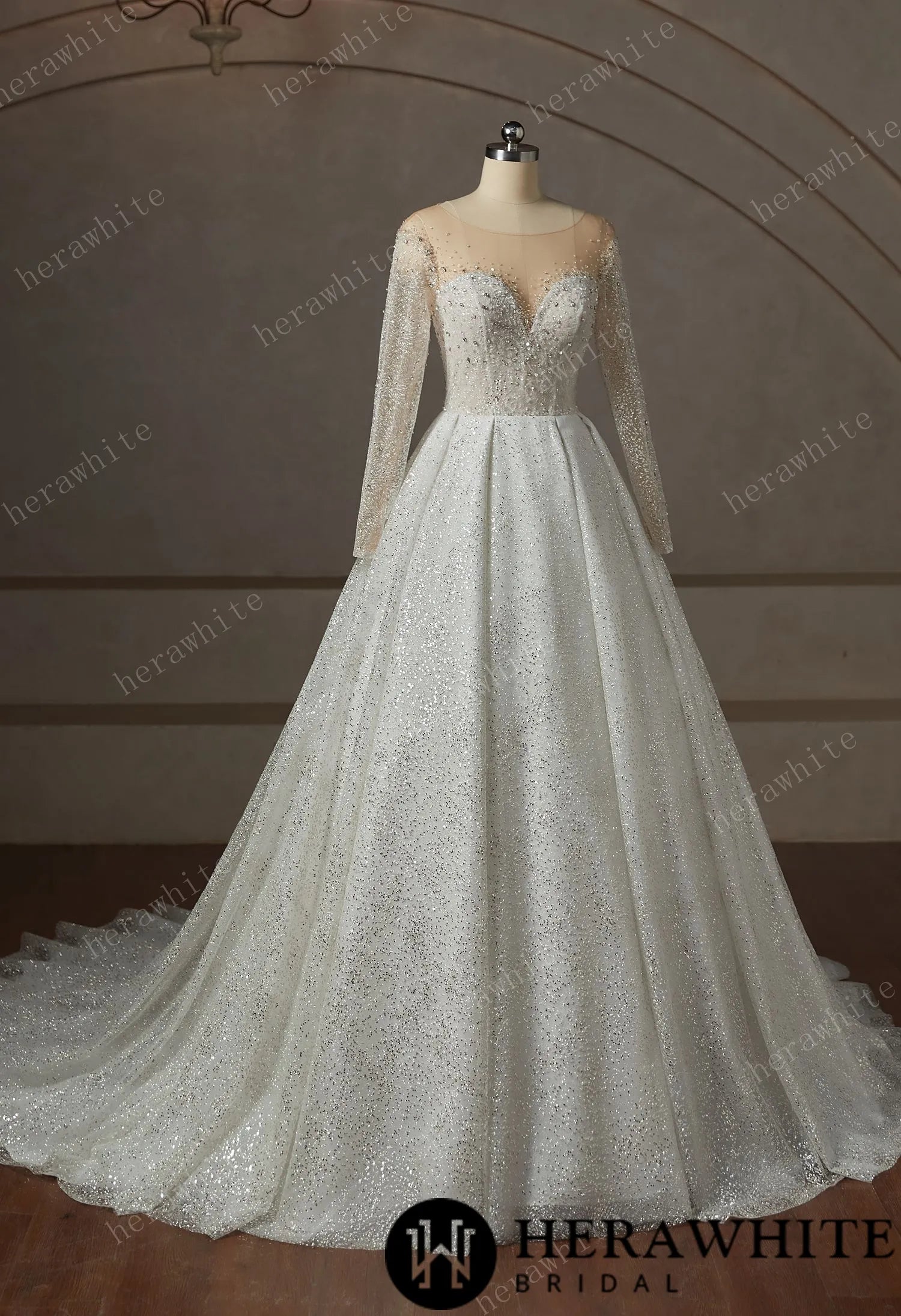 Sparkly Off The Shoulder Long Sleeve Ball Gown Wedding Dress