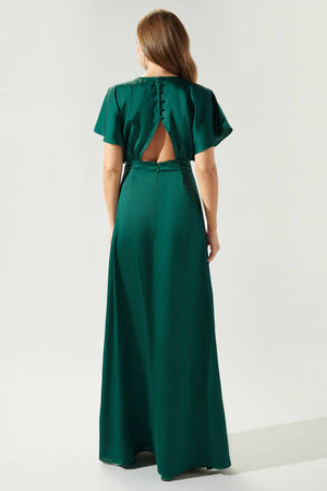 Darling Flutter Sleeve Cut Out Satin Maxi Dress: Champagne / M