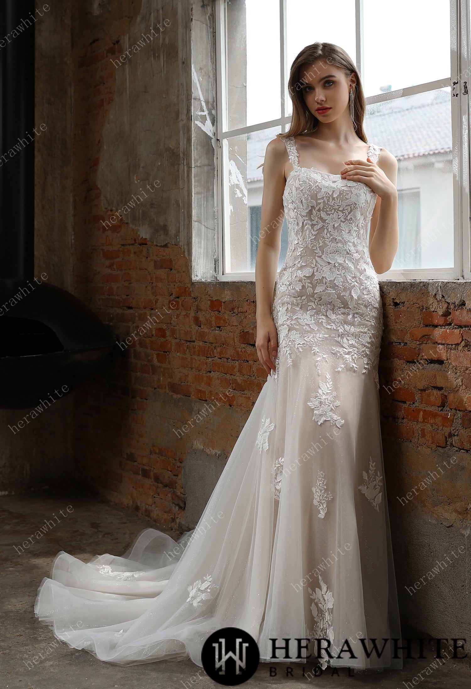 Square Neckline with Lace Straps Mermaid Wedding Gown