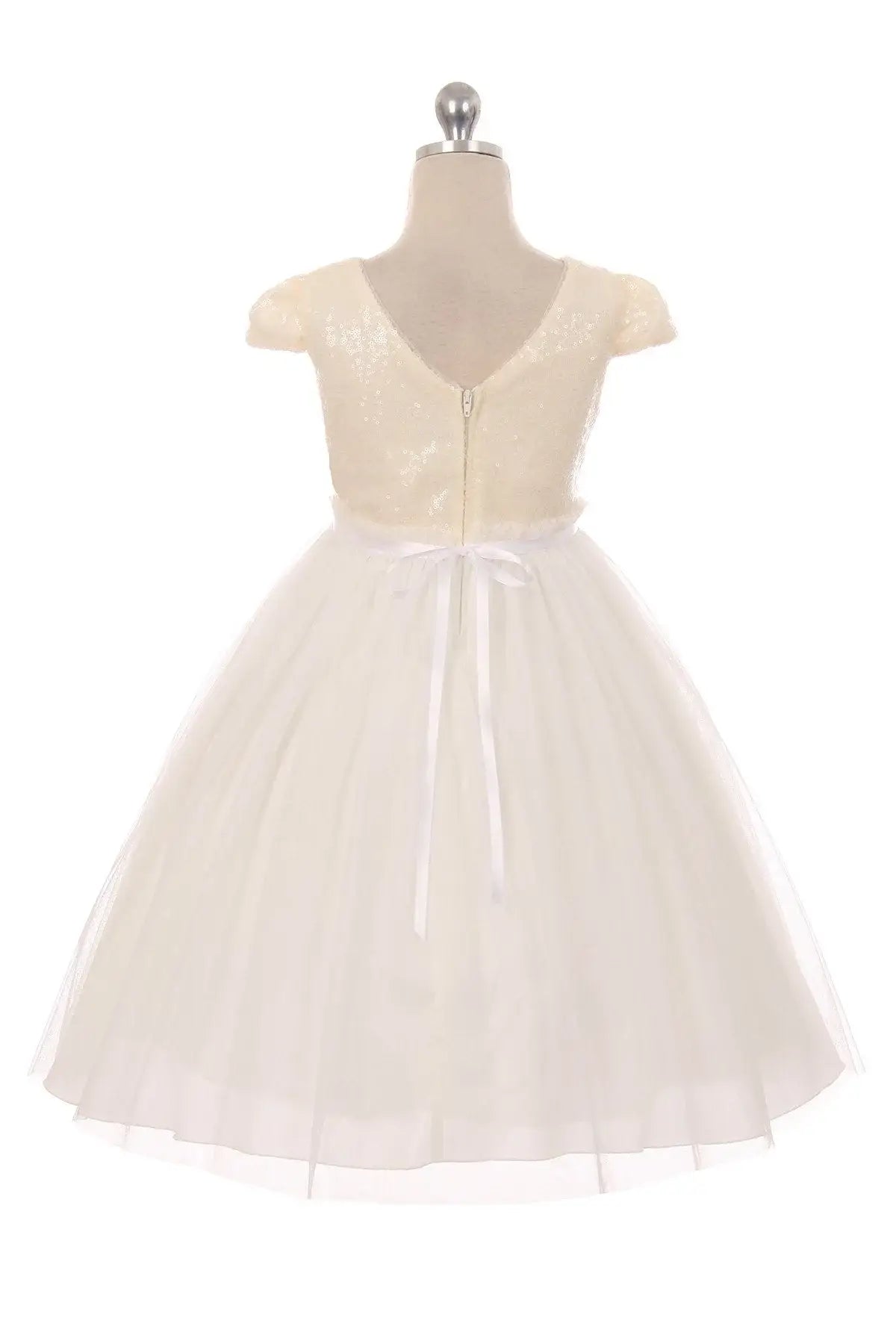 Ivory Sequin Mesh Pleated Girl Dress with Plus Sizes