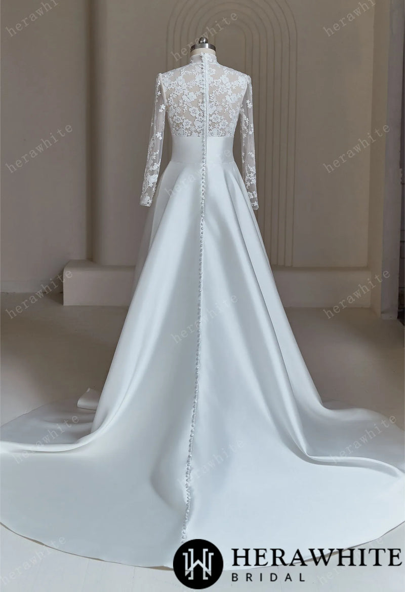 High-neck Modest Ivory Lace Satin Wedding Dress