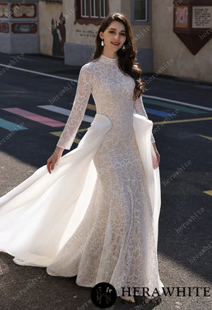 Elegant High-Neck Sequin Lace Sheath Gown with Detachable Sheer Train HW3843