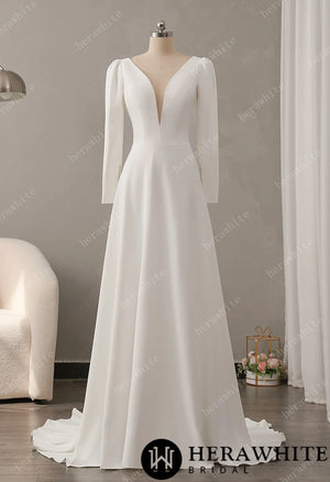 Crepe Plunging V-neckline Wedding Dress with Long Sleeve