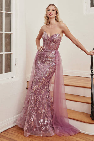 STRAPLESS EMBELLISHED GOWN WITH TULLE OVERSKIRT