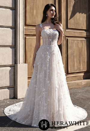 3D Floral Sparkle Lace  Wedding Dress With Straight Across Neckline HW3833