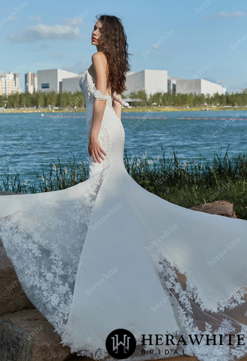 Alluring Off The Shoulder Sleeve Lace Fit-and-Flare Wedding Dress With Forever & Always Alluring Off The Shoulder Sleeve Lace Fit-and-Flare Wedding Dress With Forever & Always