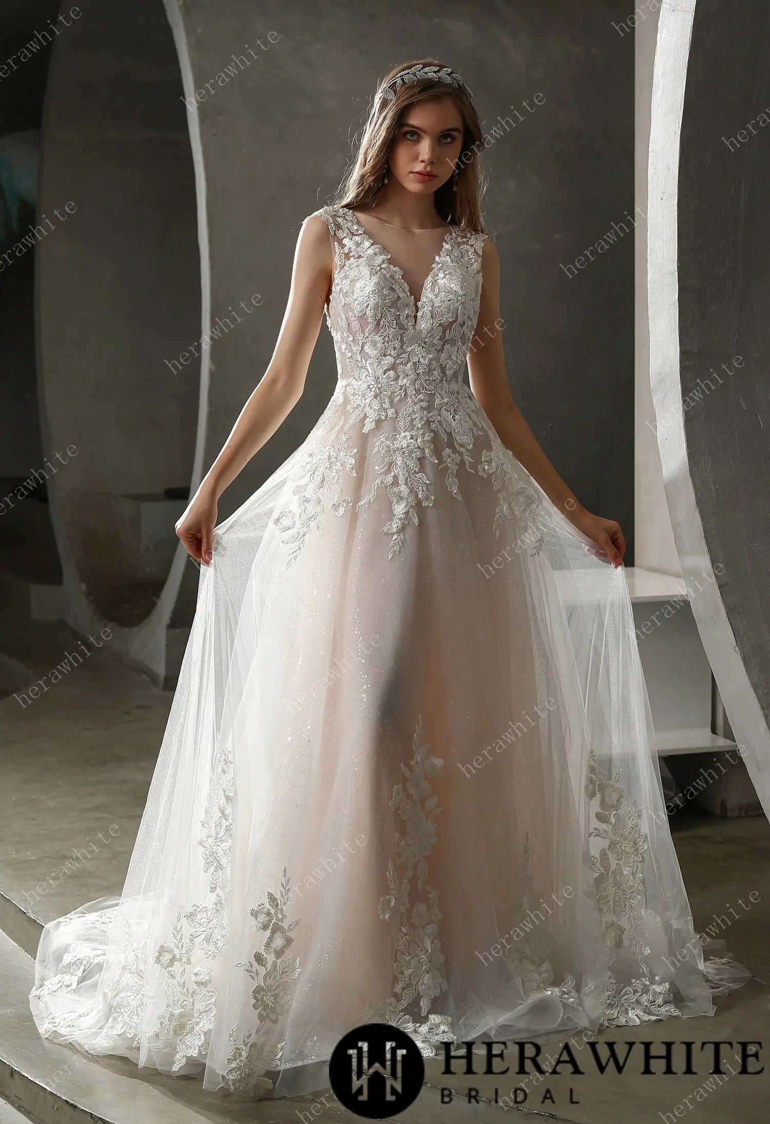 Sparkly Tulle and Lace A-Line Bridal Gown with Bateau Neckline