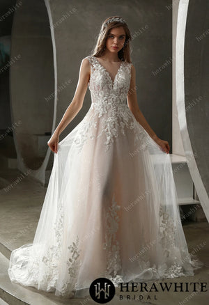 Sparkly Tulle and Lace A-Line Bridal Gown with Bateau Neckline