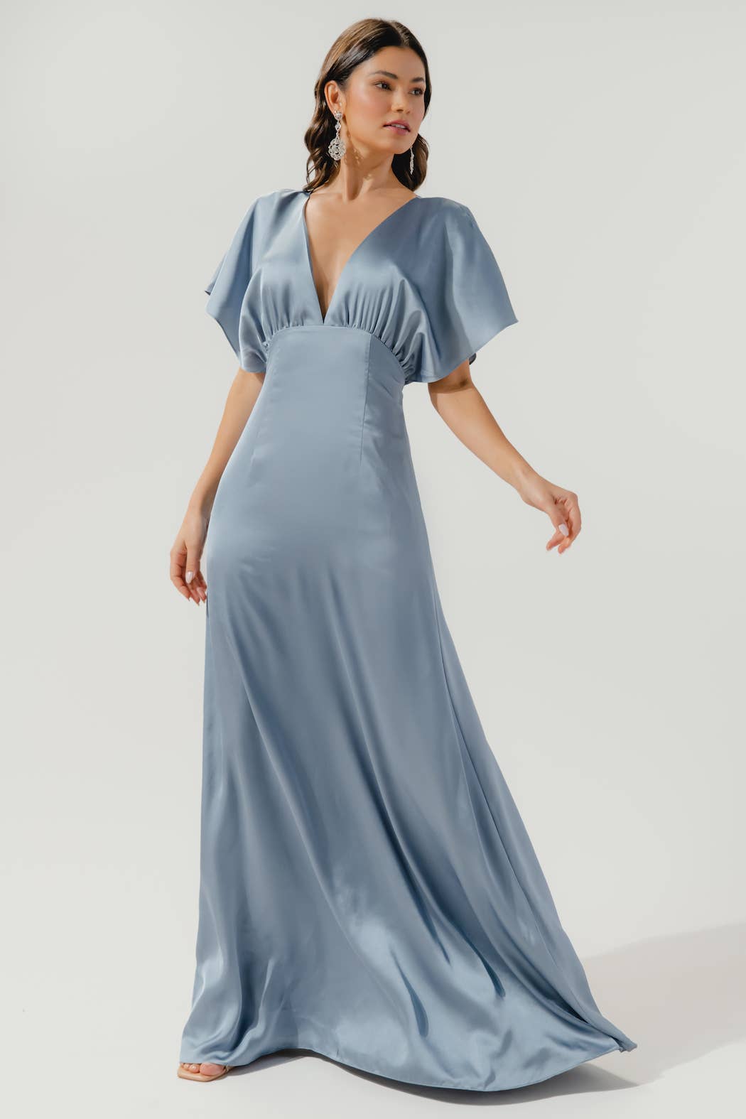 Darling Flutter Sleeve Cut Out Satin Maxi Dress: Champagne / M