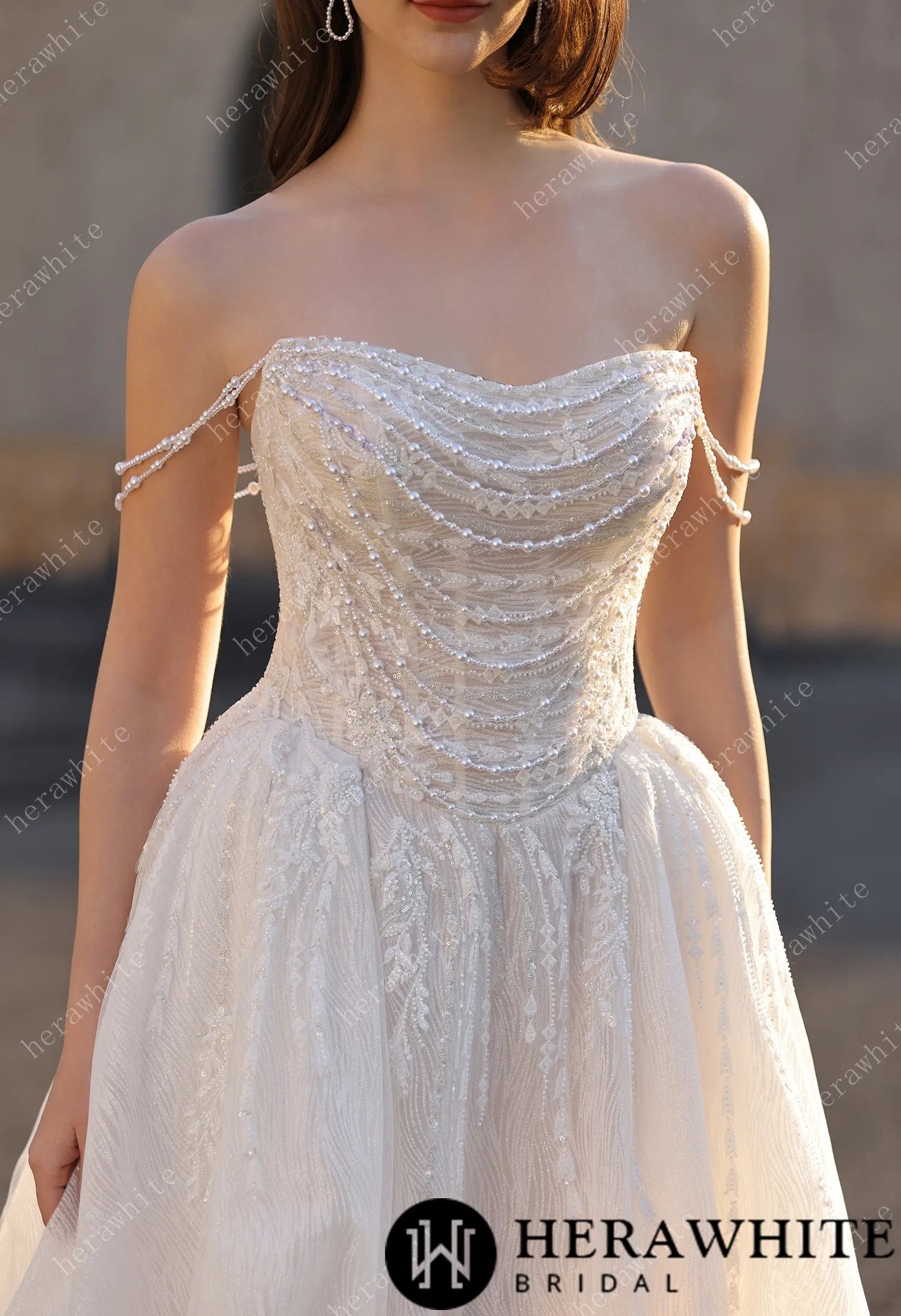 Strapless Ballgown Wedding Dress with Beaded Chain Shoulder Accent HW3807