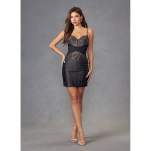 FITTED HOT FIX COCKTAIL DRESS WITH SIDE SHEER BODICE