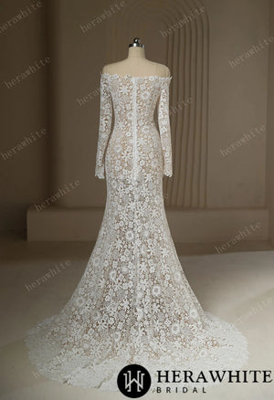 Unique Illusion Off The Shoulder Sheer Lace Wedding Dress