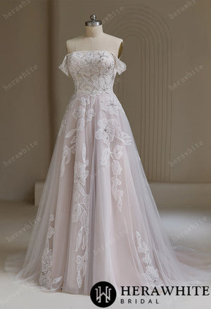 Romantic Off The Shoulder Tulle Floral Lace A-line Wedding Dress