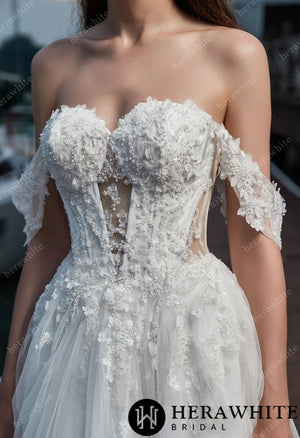 Hollow Appliques Off Shoulder And Sweetheart Wedding Dress