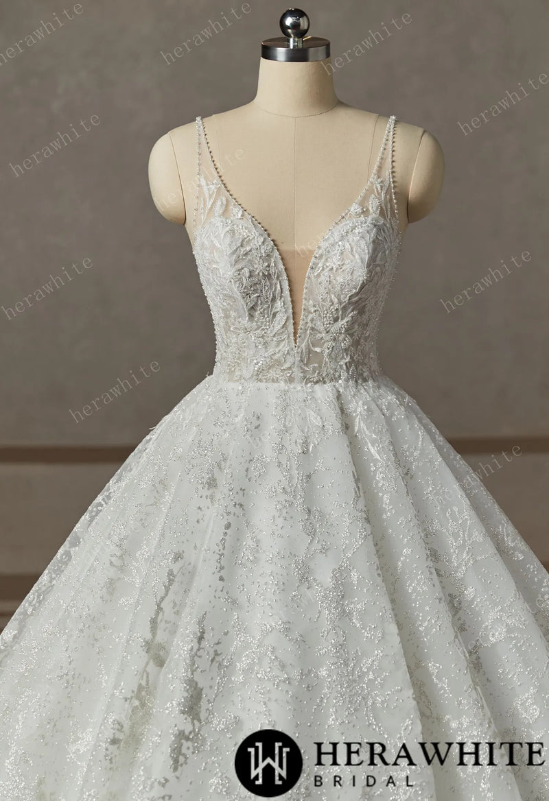 Princess Beaded Deep-plunge Ball Gown Wedding Dress