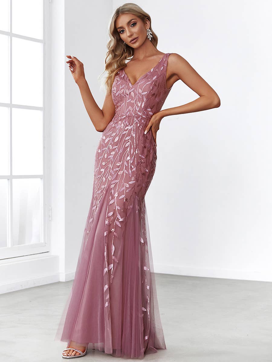 Classic Fishtail Sequin Mesh Evening Dress