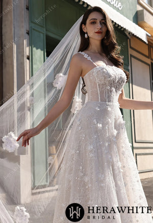 3D Floral Sparkle Lace  Wedding Dress With Straight Across Neckline HW3833