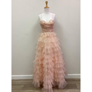 SPARKLE RUFFLE TULLE GOWN WITH SWEATHEART NECKLINE AND SHEER