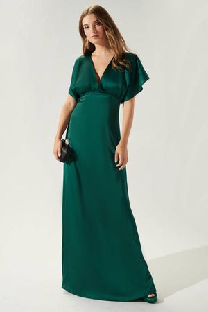 Darling Flutter Sleeve Cut Out Satin Maxi Dress: Champagne / S